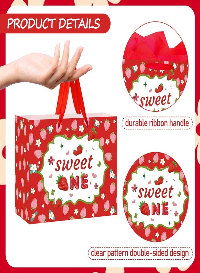 GOLDCROW Berry First Birthday Gift Bag Red Strawberry 1st Birthday Gift Wrap Bag with Tissue Paper and Birthday Card with Envelope Strawberry Themed First Sweet One Birthday Paper bags - Image 3